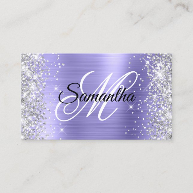 Silver Glitter Periwinkle Foil Finare Monogram Visitkort (Framsida)