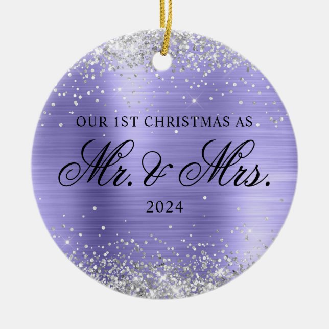 Silver Glitter Periwinkle Folie Vår Första Jul Julgransprydnad Keramik (Framsidan)