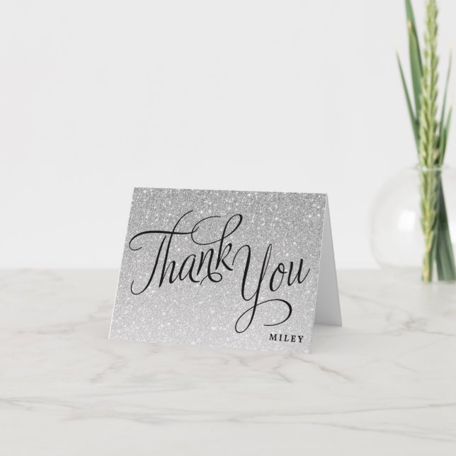 Silver Glitter Personlig Finare Script Tack Kort (Framsida)