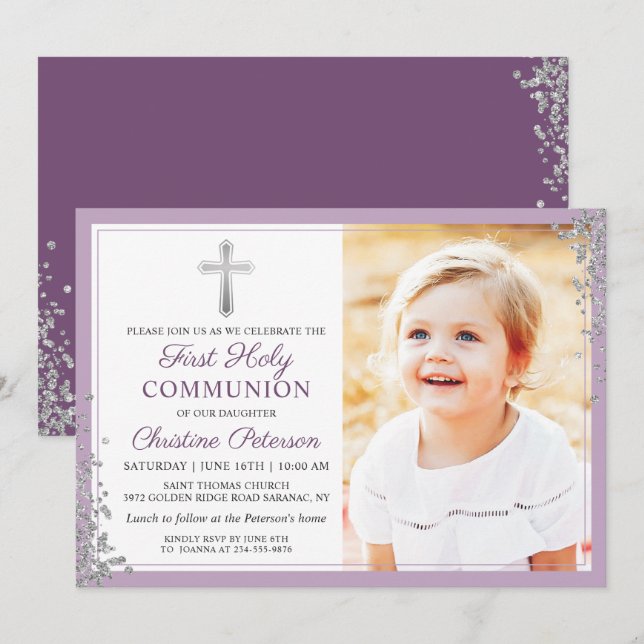 Silver Glitter Plum Lila First Communion Photo Inbjudningar (Fram/baksida)