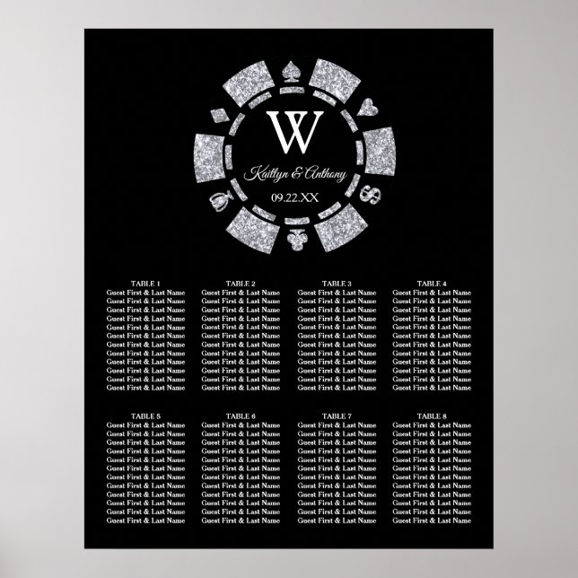 Silver Glitter Poker Chip Casino Bröllop Poster (Framsidan)