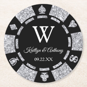 Silver Glitter Poker Chip Casino Bröllop Underlägg Papper Rund