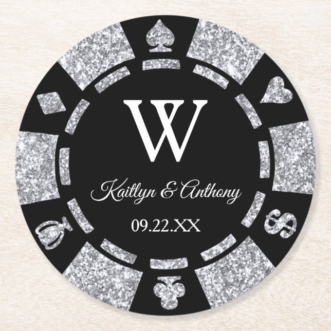 Silver Glitter Poker Chip Casino Bröllop Underlägg Papper Rund (Framsidan)