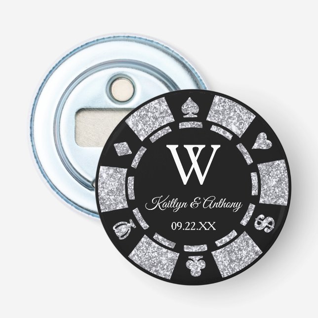 Silver Glitter Poker Chip Casino Wedding Favor Flasköppnare (Framsidan)