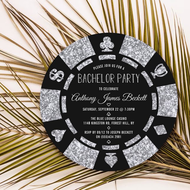 Silver Glitter Poker Chip Las Vegas Bachelor Party Inbjudningar (Skapare uppladdad)