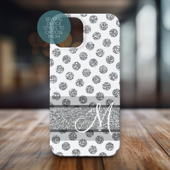 Silver Glitter Polka Dot Mönster med Monogram (Personalized Phone Case with Monogram)