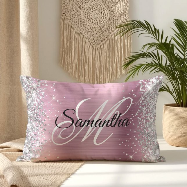 Silver Glitter Pretty Pink Folie Monogram Lumbarkudde (Silver Glitter Pretty Pink Foil Monogram Lumbar Pillow)
