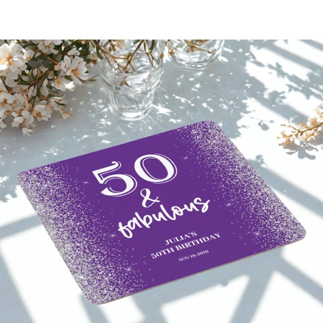 Silver Glitter Purple 50th Birthday Party  Underlägg Papper Kvadrat (Skapare uppladdad)