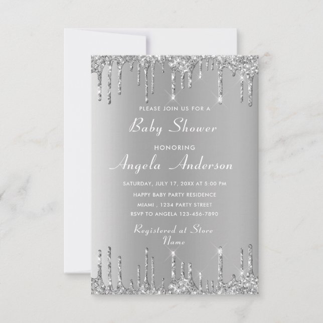 Silver Glitter QR-kod Baby Shower-inbjudningar Kort (Framsida)
