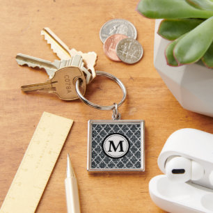 Silver Glitter Quatrefoil Mönster Monogram Fyrkantig Silverfärgad Nyckelring