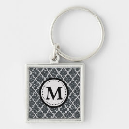 Silver Glitter Quatrefoil Mönster Monogram Fyrkantig Silverfärgad Nyckelring