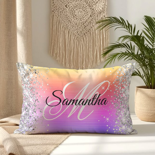 Silver Glitter Rainbow Folie Fancy Monogram Lumbarkudde (Silver Glitter Rainbow Foil Fancy Monogram Lumbar Pillow)