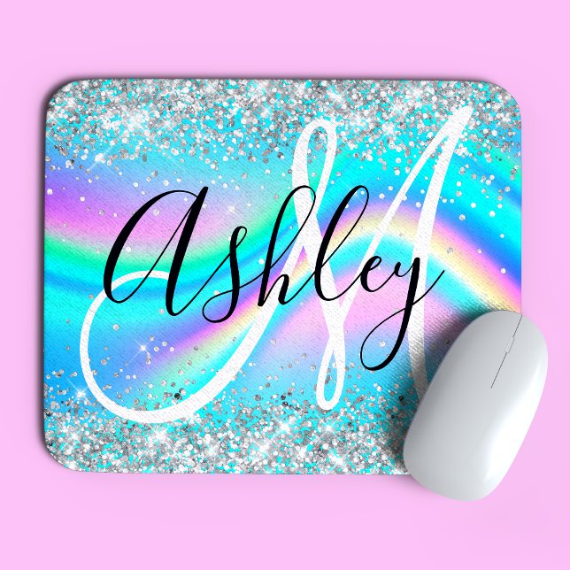 Silver Glitter Rainbow Wave Aqua Ombre Monogram Musmatta (Skapare uppladdad)
