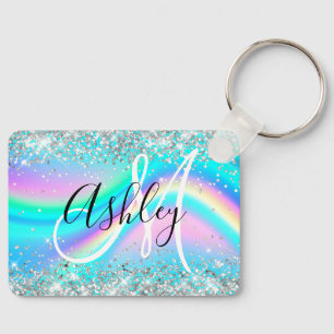 Silver Glitter Rainbow Wave Aqua Ombre Monogram Nyckelring