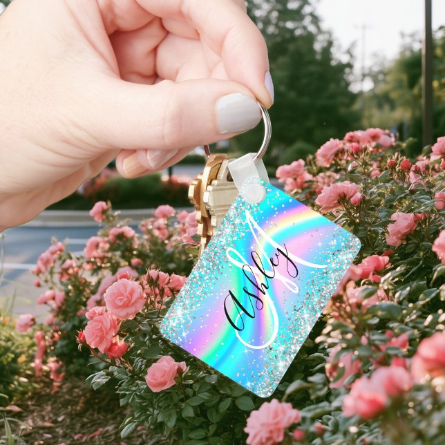 Silver Glitter Rainbow Wave Aqua Ombre Monogram Nyckelring (Silver Glitter Rainbow Wave Aqua Ombre Monogram Keychain)
