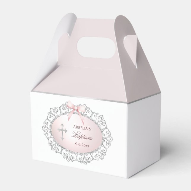 Silver Glitter Ram Rosa Bow Baptism (liten gåva) Presentaskar (Framsidan Sidan)