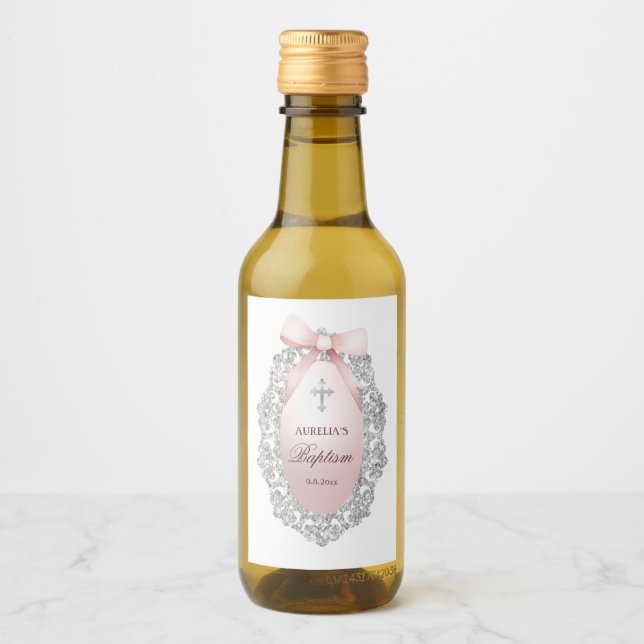 Silver Glitter Ram Rosa Bow Baptism Vinetikett (Framsida)