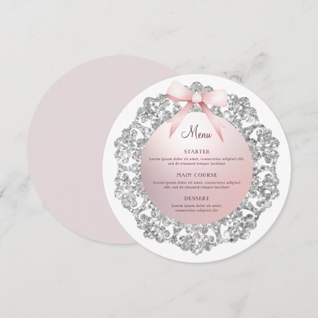 Silver Glitter Ram Rosa Bow-rundan Meny (Fram/baksida)