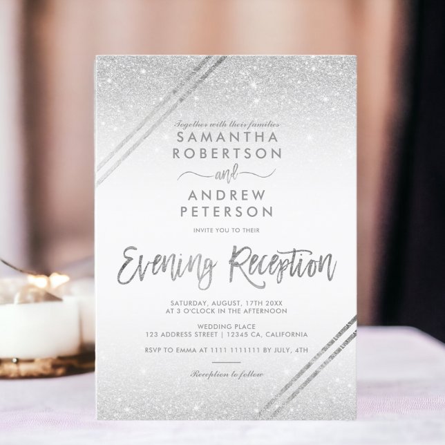 Silver glitter rand elegant-skript bröllop inbjudningar (Silver glitter stripes elegant script wedding invitation)