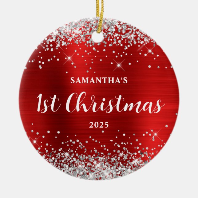 Silver Glitter Red Foil 1st Christmas Julgransprydnad Keramik (Framsidan)