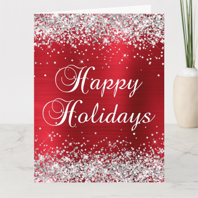 Silver Glitter Red Foil Big Glad helg Kort (Framsida)