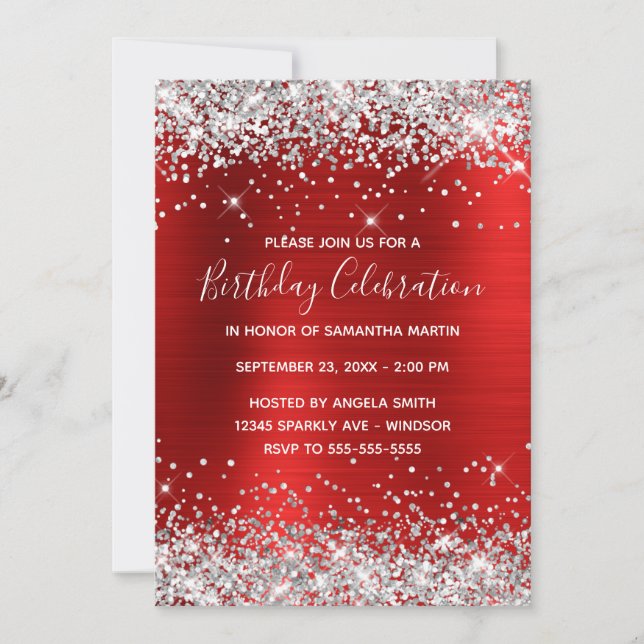 Silver Glitter Red Foil Birthday Firation Inbjudningar (Framsida)