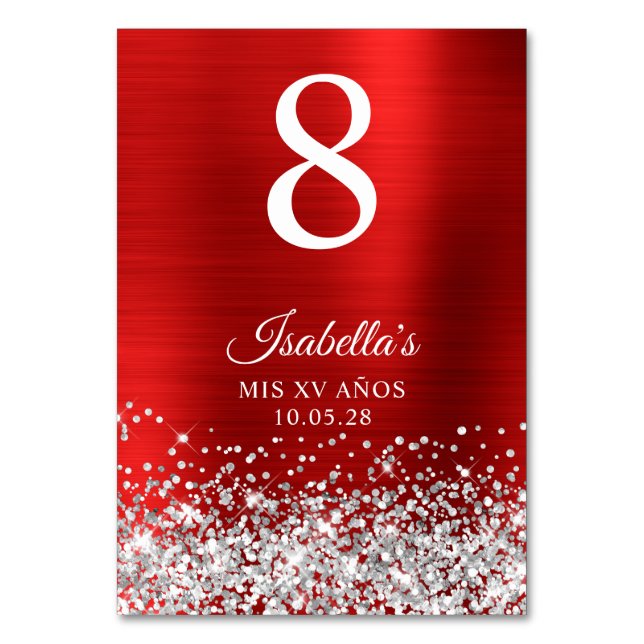 Silver Glitter Red Foil Mis XV Anos Bordsnummer (Framsidan)