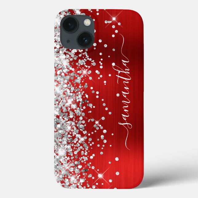 Silver Glitter Red Foil Modern Girly Namnteckning (Baksida)