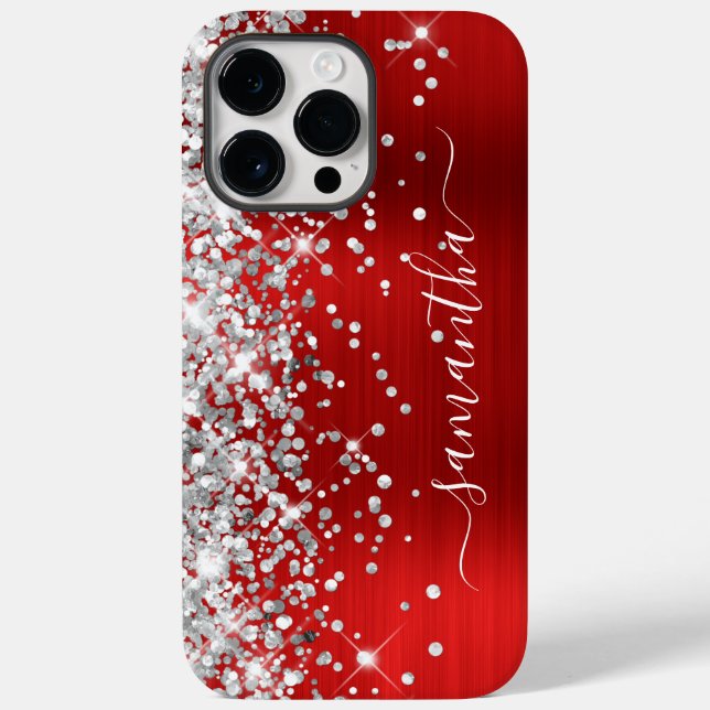 Silver Glitter Red Foil Modern Girly Namnteckning (Baksida)