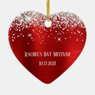 Silver Glitter Red Foil Personlig Bat mitzvah Julgransprydnad Keramik