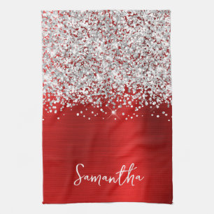 Silver Glitter Red Glam Namn Kökshandduk
