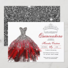 Silver Glitter Red Gown Elegant Quinceañera Inbjudningar