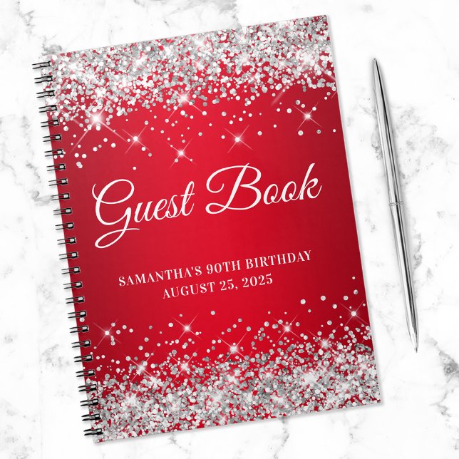 Silver Glitter Red Ombre 90-årsfirande Gästbok Anteckningsbok (Skapare uppladdad)