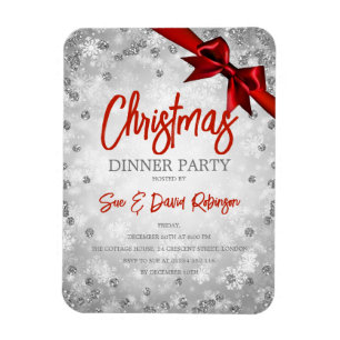 Silver Glitter Red Ribbon Julafton Helgdag Inbjuda Magnet