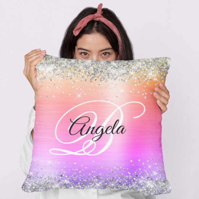 Silver Glitter Regnbåge Folie Elegant Monogram Kudde (Silver Glitter Rainbow Foil Fancy Monogram Throw Pillow)