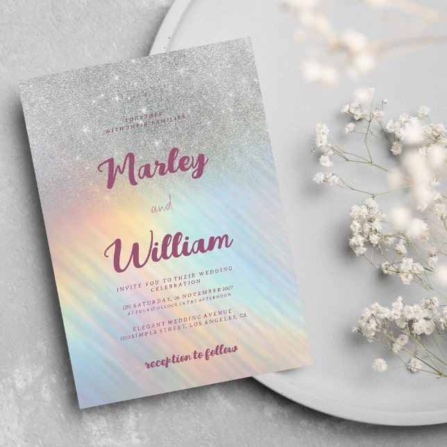 Silver, glitter, regnbågsholografisk Bröllop Inbjudningar (Silver glitter rainbow holographic )