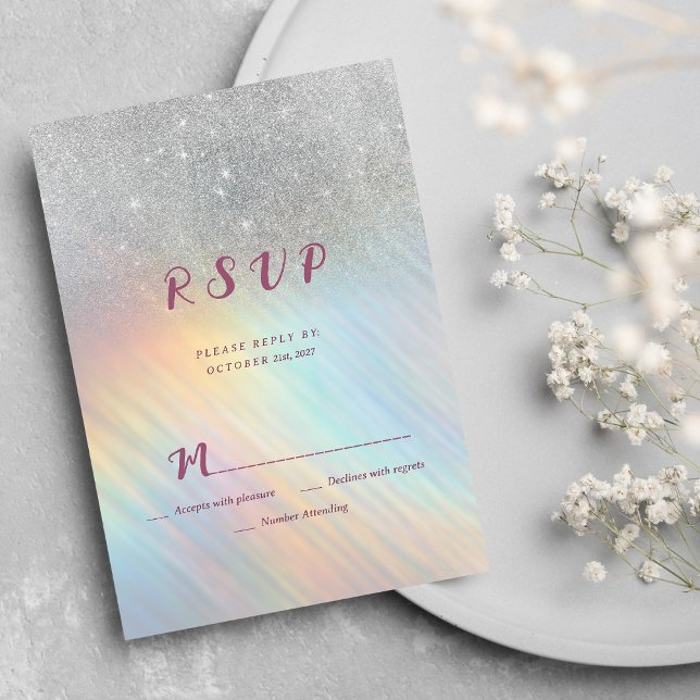 Silver glitter-regnbågsholografisk OSA Inbjudningar (Silver glitter rainbow holographic RSVP)