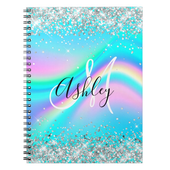 Silver Glitter Regnbågsvåg Aqua Ombre Monogram Anteckningsbok (Framsidan)
