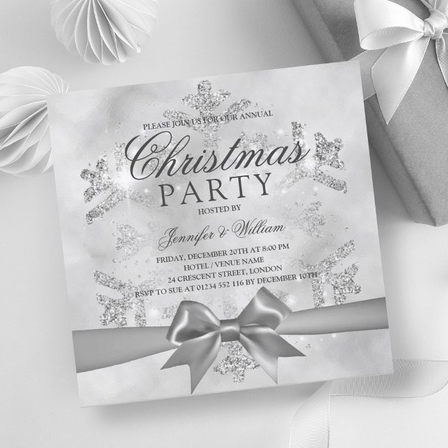 Silver Glitter & Ribbon | Julafton Helgdag Inbjudningar (Silver Glitter & Ribbon | Xmas Holiday Invitation)