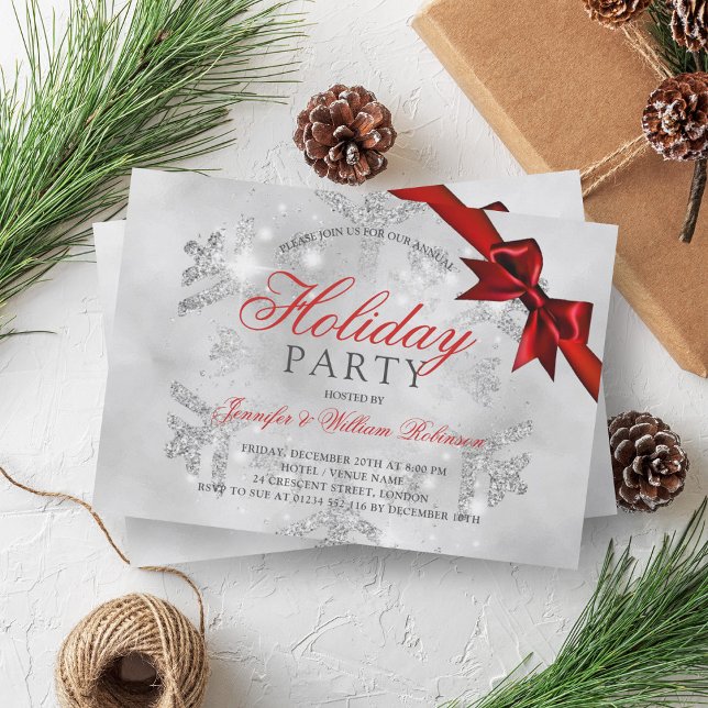 Silver Glitter & Ribbon | Julafton Helgdag Red Inbjudningar (Silver Glitter & Ribbon | Xmas Holiday Red Invitation)