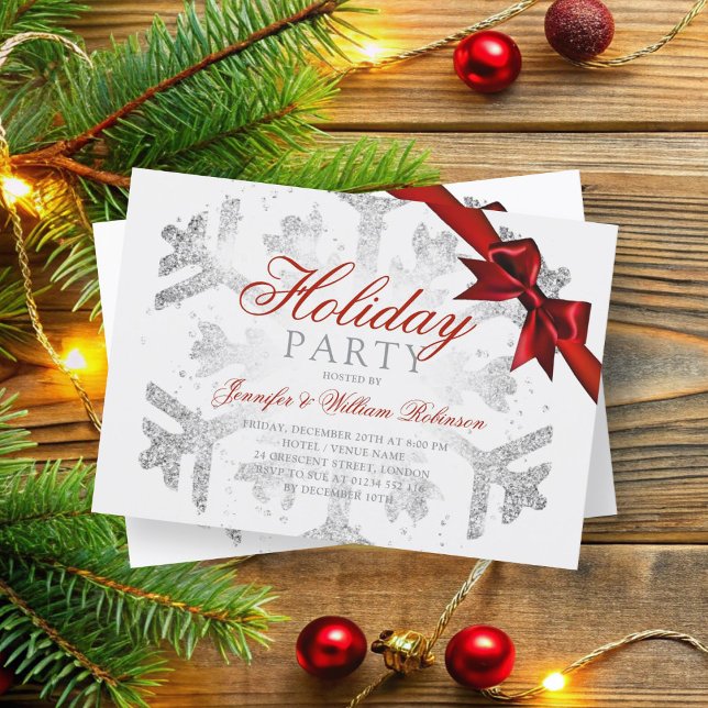 Silver Glitter & Ribbon | Julafton Helgdag Red Inbjudningar (Silver Glitter & Ribbon | Xmas Holiday Red Invitation)