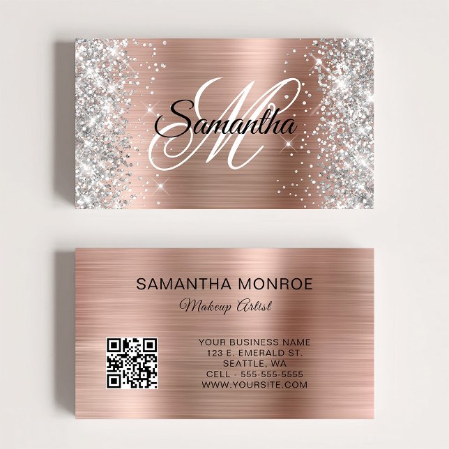 Silver Glitter Ro, guldfärgad eldningsolja, monogr Visitkort (Silver Glitter Rose Gold Foil Monogram QR Code Business Card)