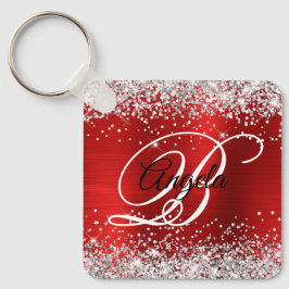 Silver Glitter Röd Folie Fancy Monogram Nyckelring