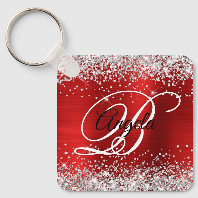 Silver Glitter Röd Folie Fancy Monogram Nyckelring (Framsida)