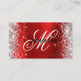Silver Glitter Röd Folie Fancy Monogram Visitkort