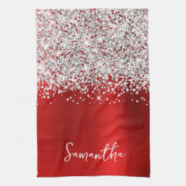 Silver Glitter Röd Glam Namn Kökshandduk