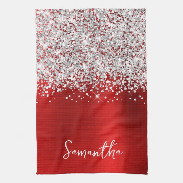 Silver Glitter Röd Glam Namn Kökshandduk (Vertikal)