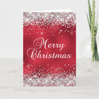 Silver Glitter Röd Glas Folie God Jul Kort