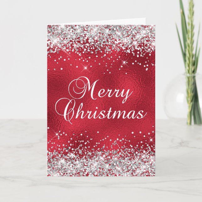 Silver Glitter Röd Glas Folie God Jul Kort (Framsida)