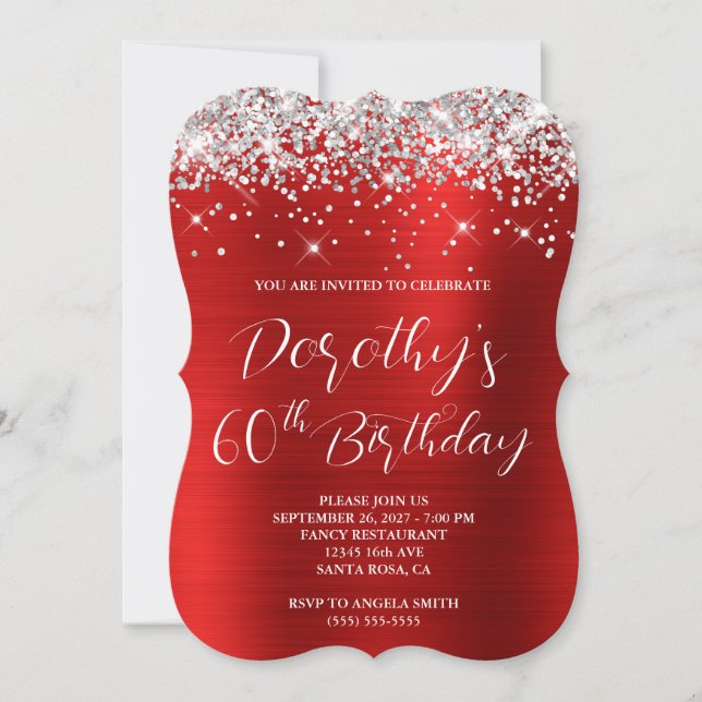 Silver Glitter Röd Lyxig 60-årsdag Inbjudningar (Framsida)